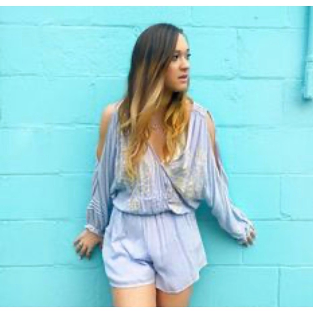Free People Blue Embroidered Cold Shoulder V-Neck Long Sleeve Romper Size Small